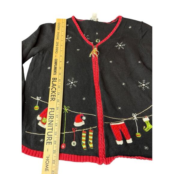 Christopher & Banks Medium Black Sweater Cardigan Christmas Holiday Santa Snow - Picture 2 of 8